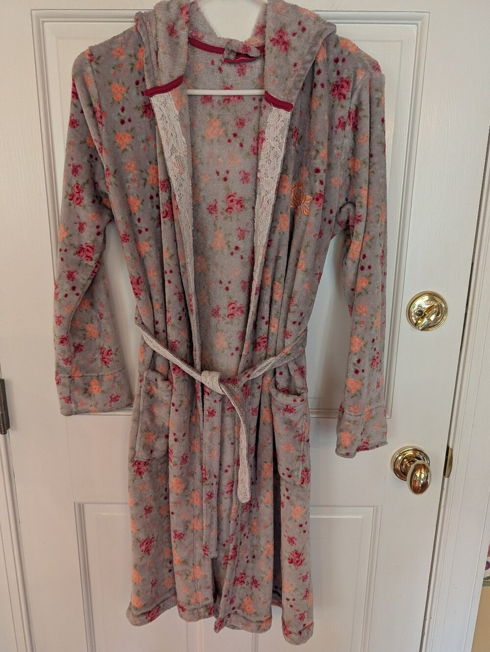 American Girl Tenney Grant Gray Hooded Pink & Peach Floral Robe Girls Sz XL 14
